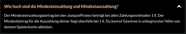 Eigene Originalaufnahme: JackpotPiraten nennt 1 € Mindesteinzahlung und Mindestauszahlung